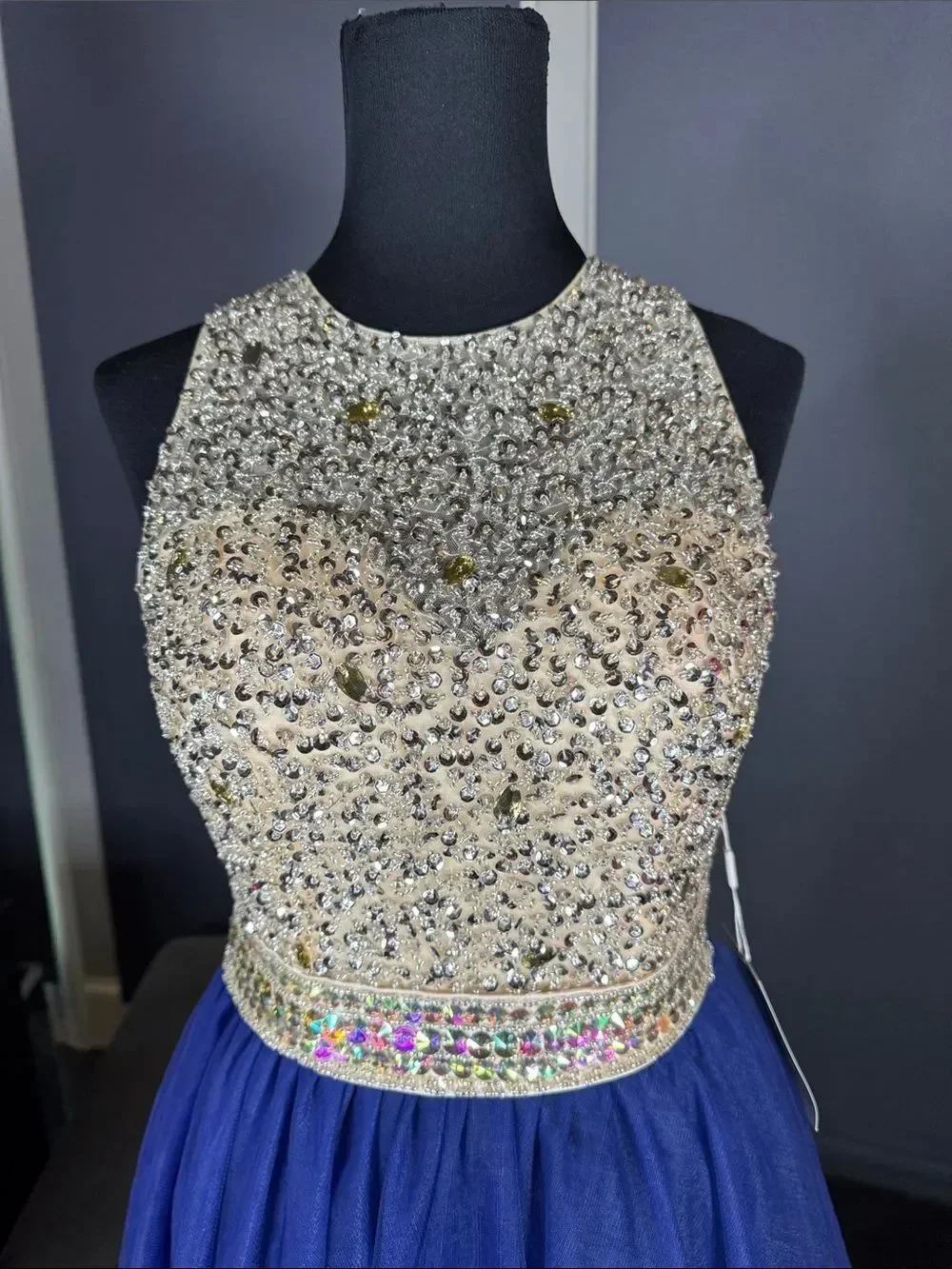 Women’s Embellished Sequin Beaded Bodice Royal Blue Tulle Party Dress Size 2 NWT